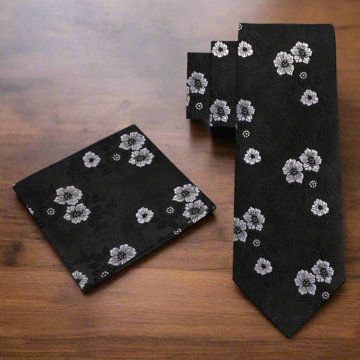 Alt View: Black, White Floral Tie and Pocket Square