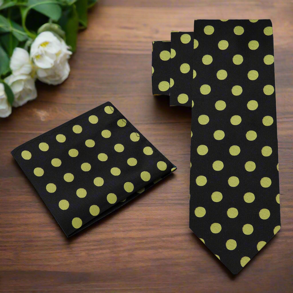 Alt View: A Black, Yellow Polka Dot Pattern Necktie, Matching Pocket Square