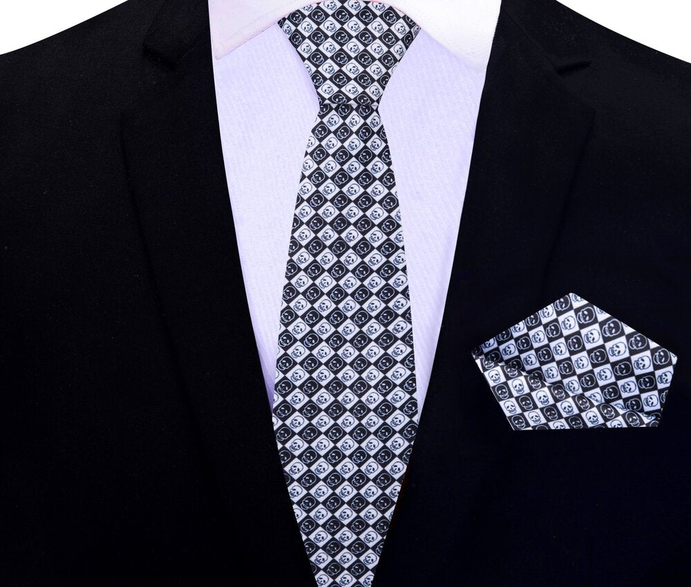Black White Geometric Skulls Thin Tie and Pocket Square||Black
