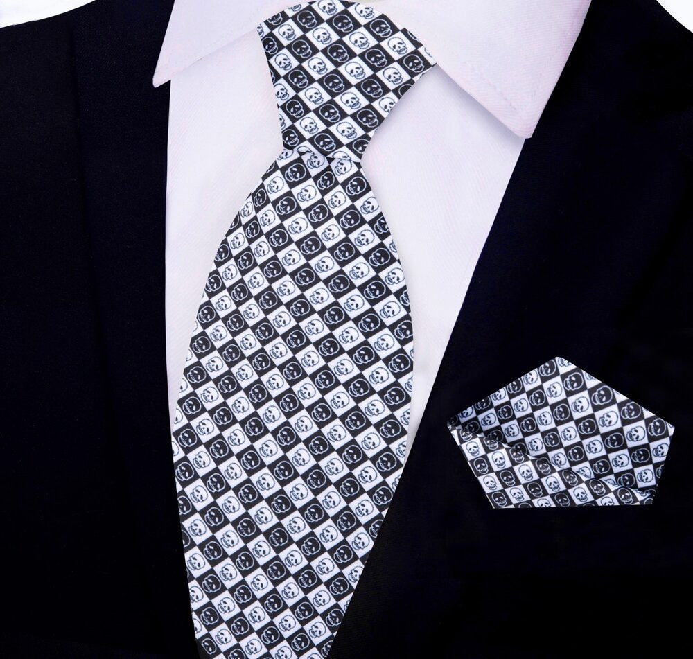 Black White Geometric Skulls Tie and Pocket Square||Black