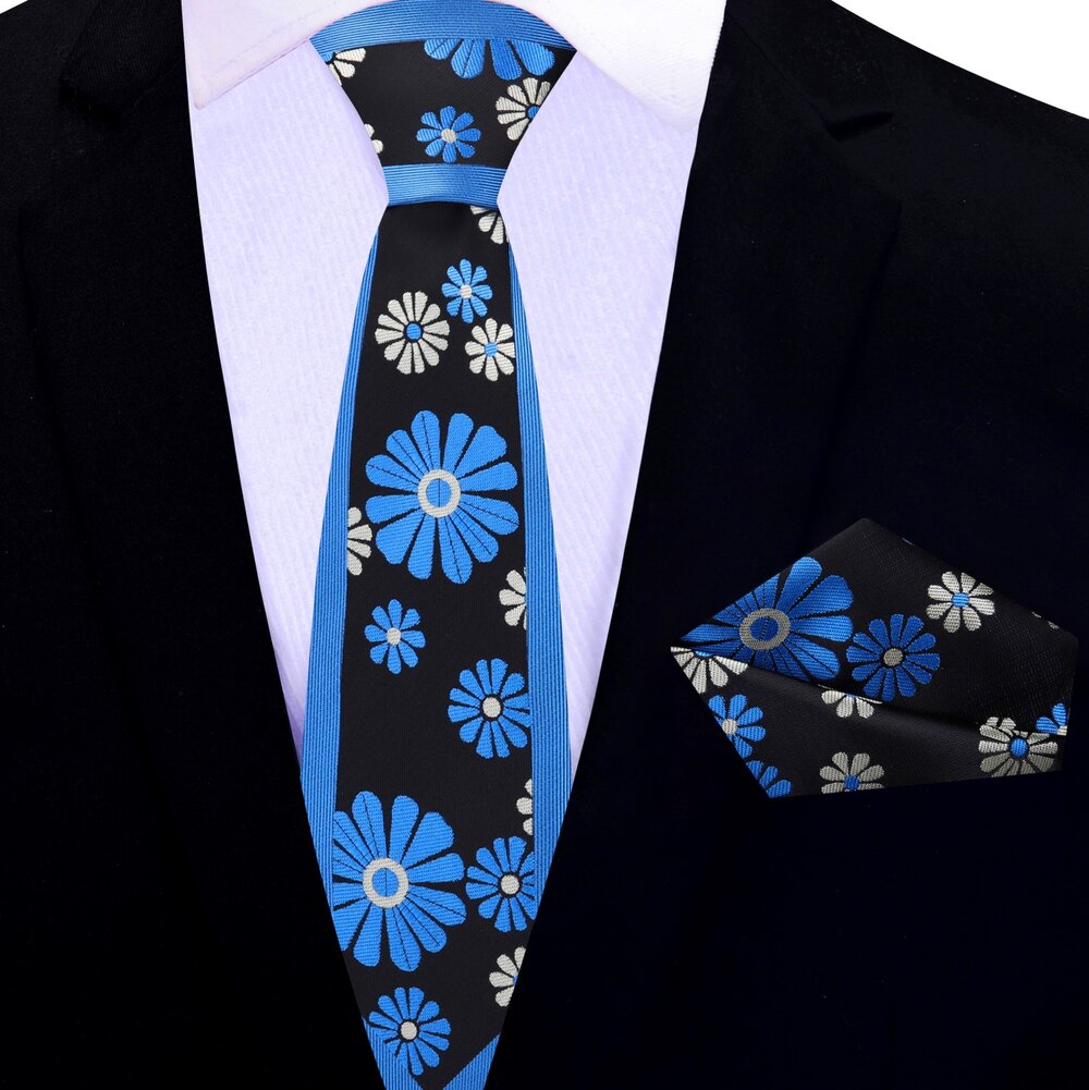Light Blue Cactus Flower Thin Tie||Black, Light Blue