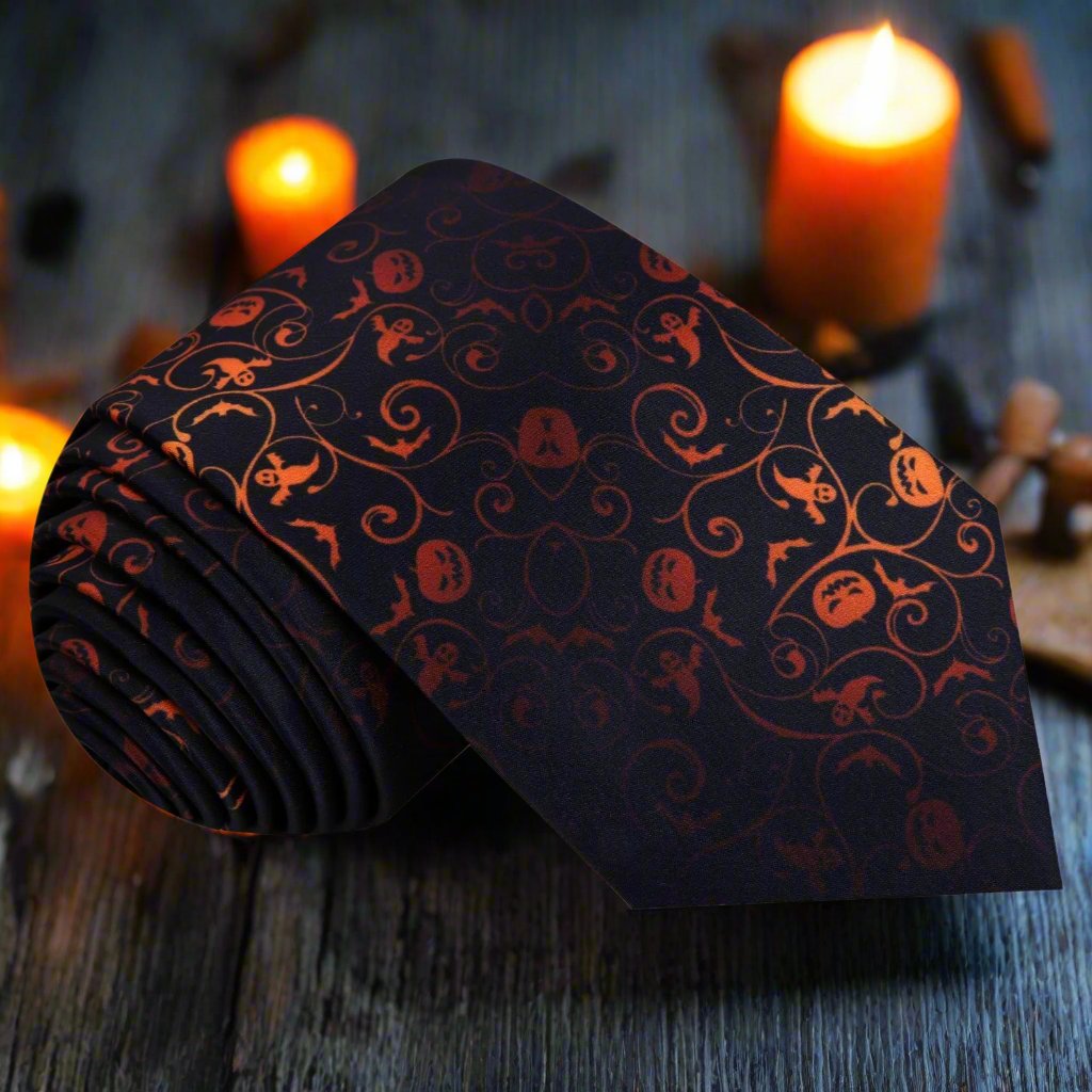 Black and Orange Haunted Halloween Tie