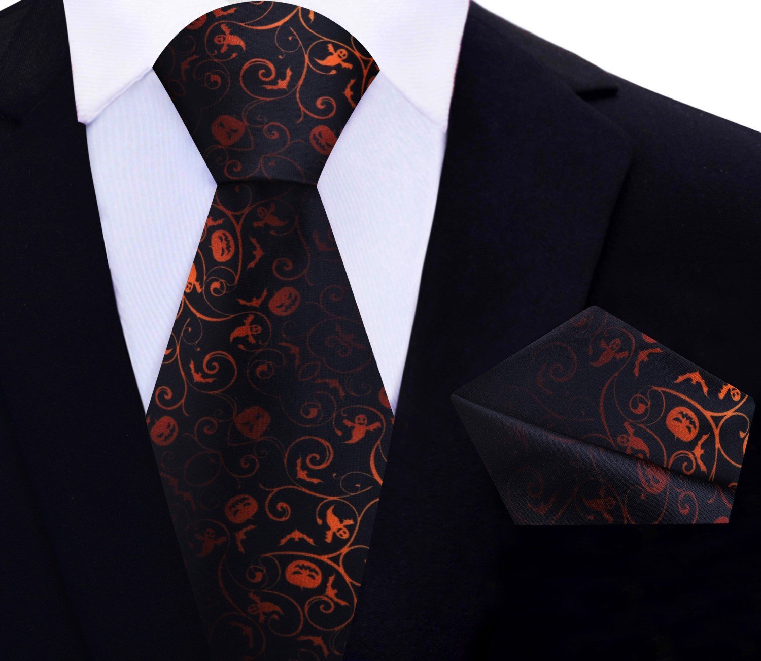 Main View: Black and Orange Haunted Halloween Tie and Pocket Square
