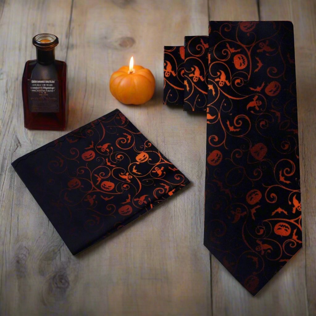 Alt View: Black and Orange Haunted Halloween Tie and Pocket Square