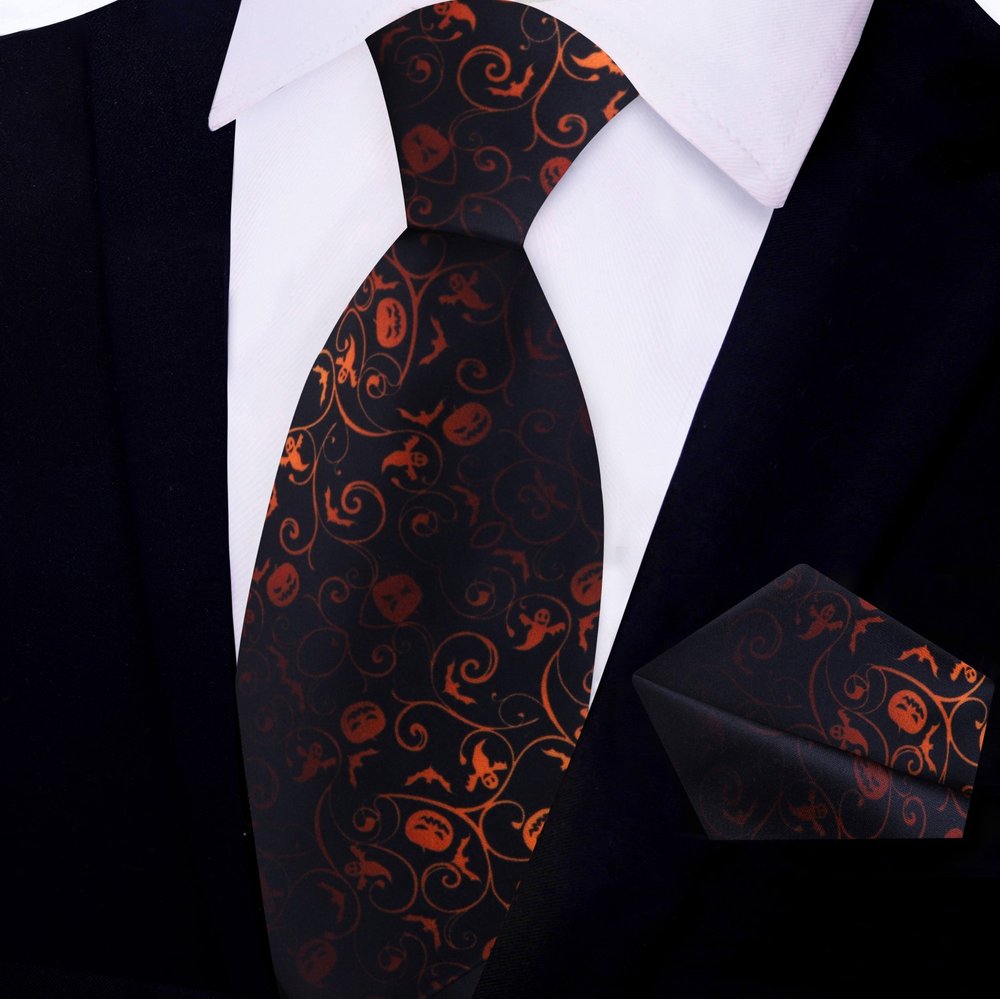 Black and Orange Haunted Halloween Tie and Pocket Square