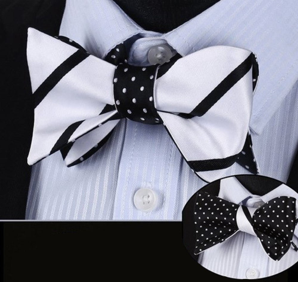 A Black, White Stripe and Polka Pattern Silk Self Tie Bow Tie