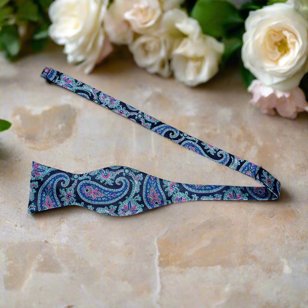 A Green, Blue Floral Pattern Silk Self Tie Bow Tie Untied