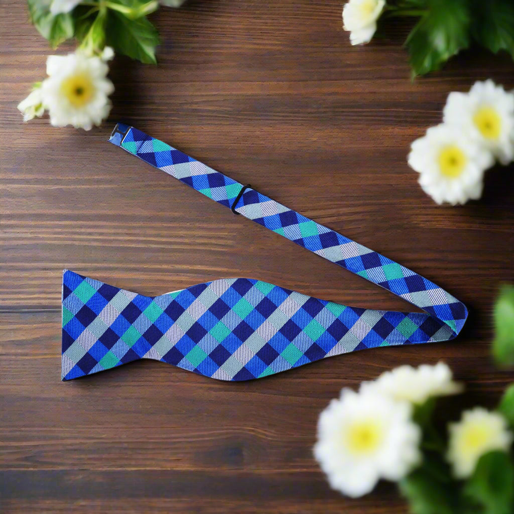 A Green, Dark Green, Grey Geometric Check Pattern Silk Self Tie Bow Tie Untied