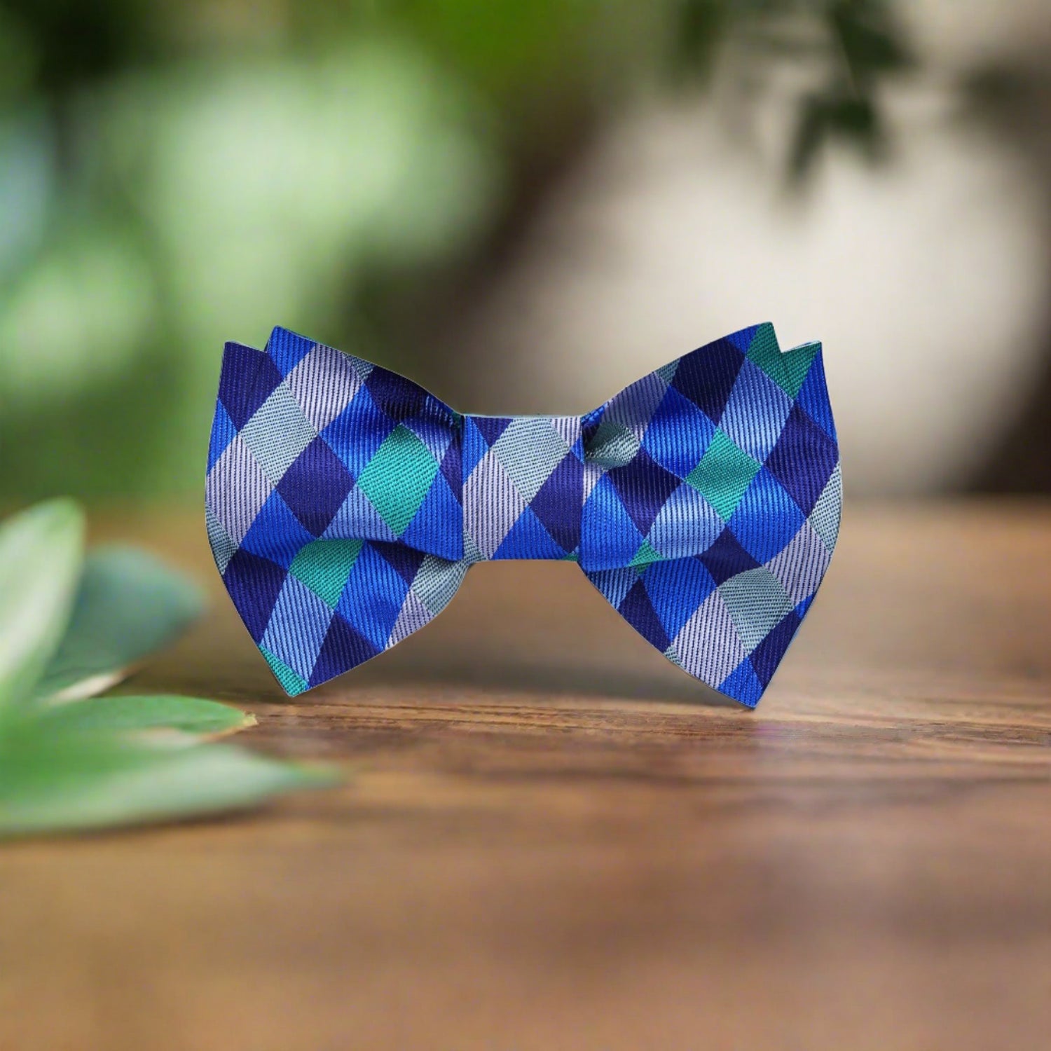 A Green, Dark Green, Grey Geometric Check Pattern Silk Self Tie Bow Tie