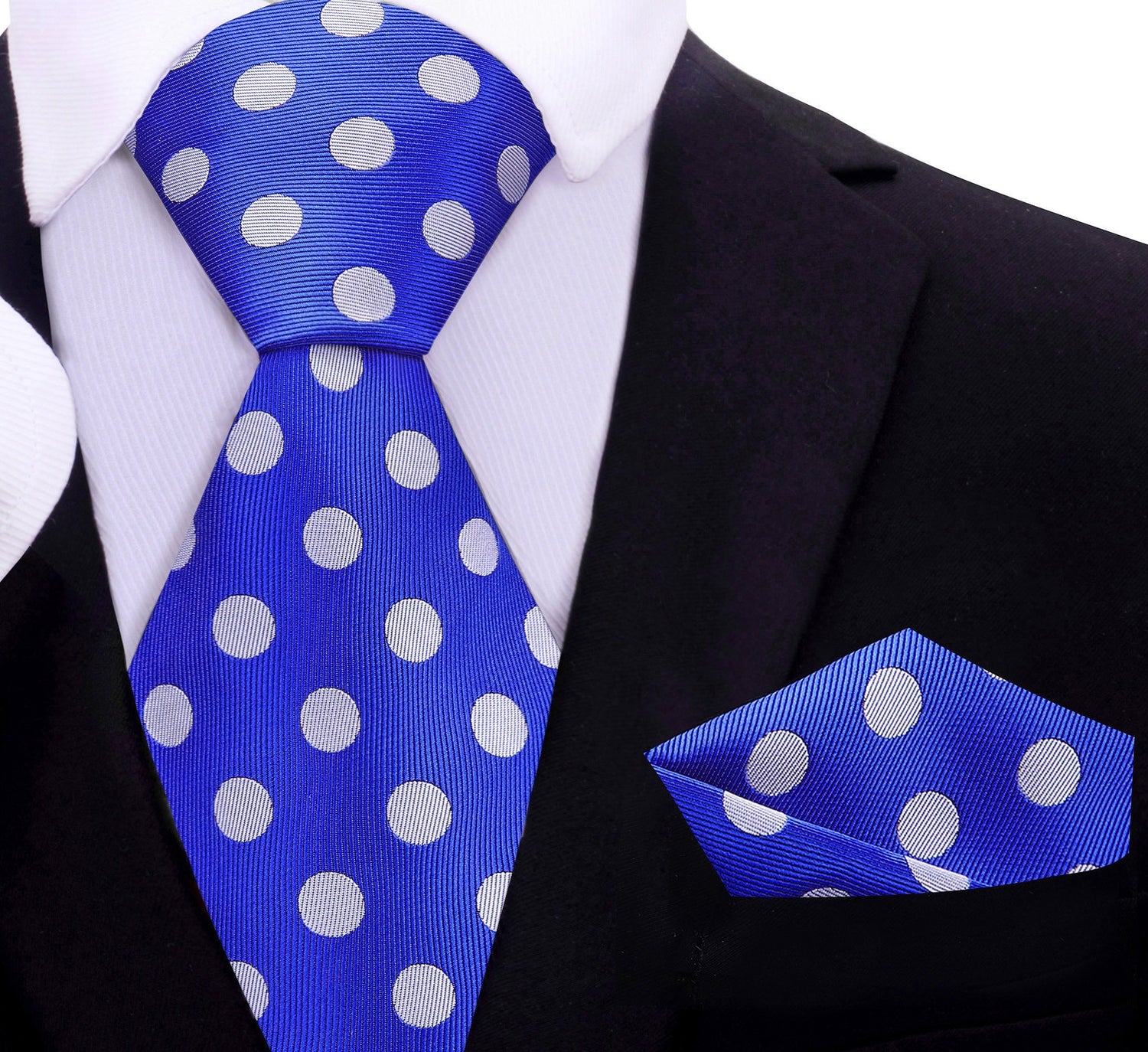 A Blue, Grey Polka Dot Pattern Necktie, Matching Pocket Square
