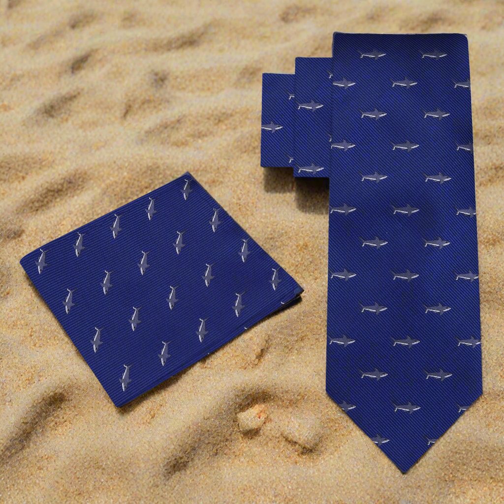 Alt View: Deep Blue, Grey, White Great White Shark Tie and Pocket Square