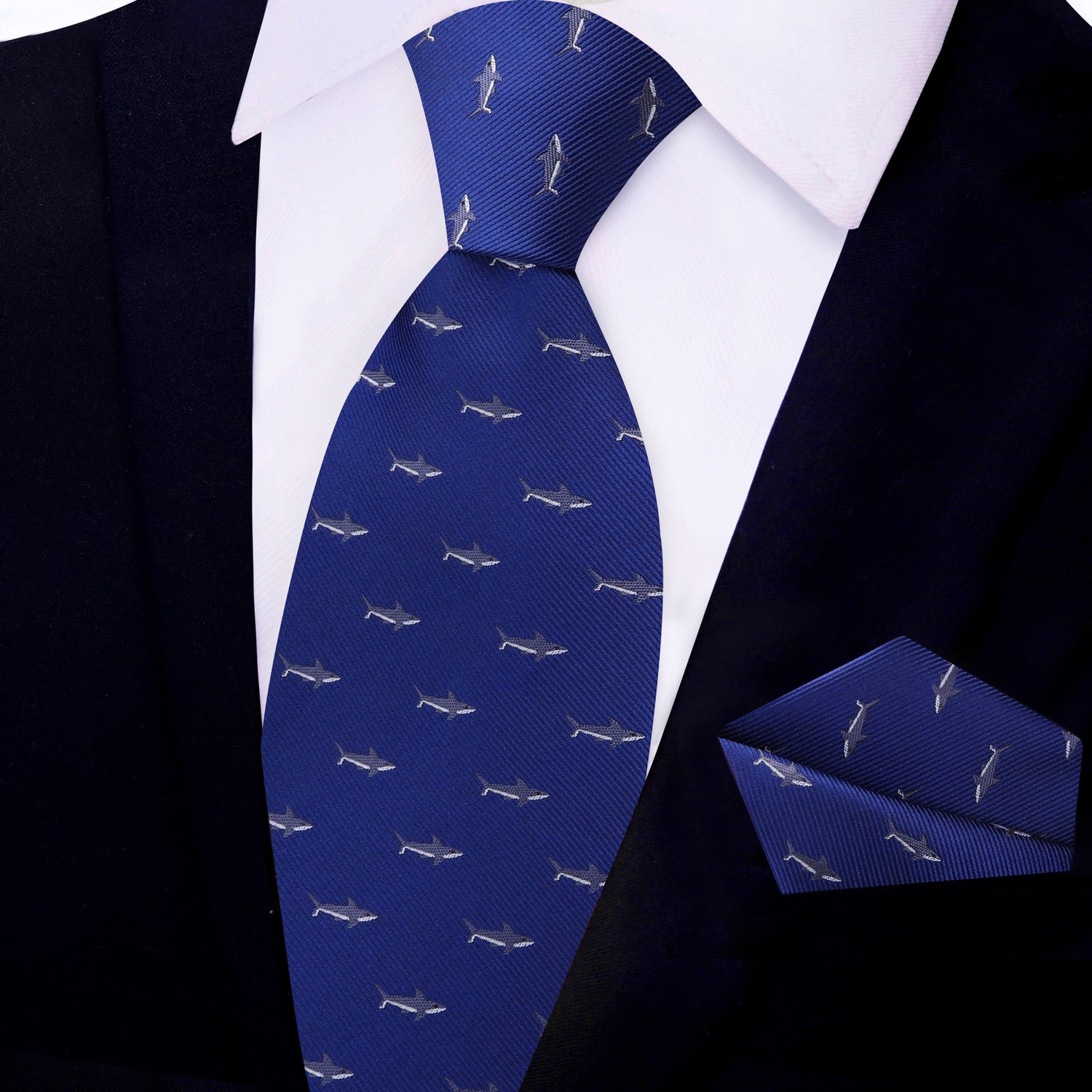 View 2: Deep Blue, Grey, White Great White Shark Tie and Pocket Square