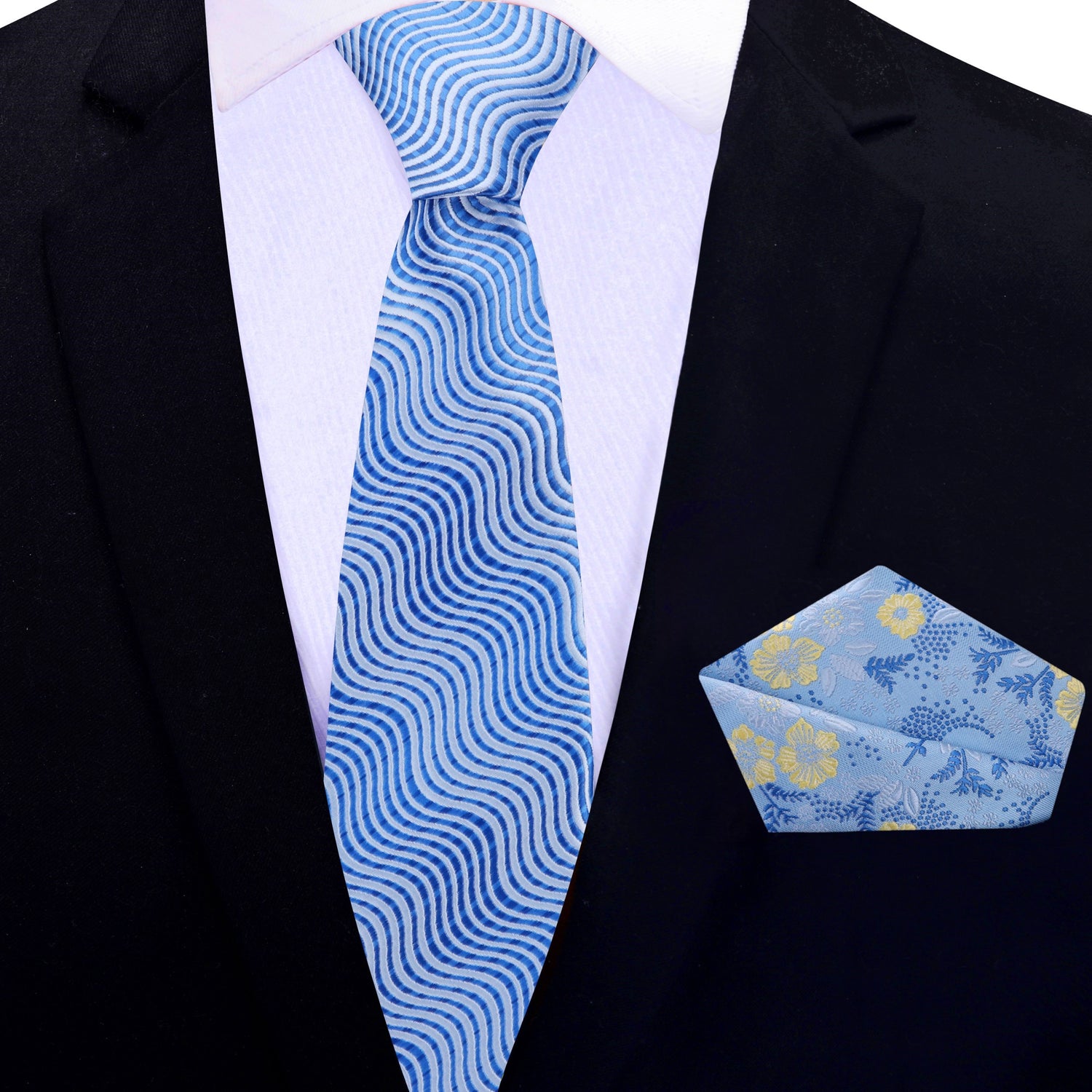 Thin Tie: Shades of Blue Wavy Lines Necktie with Shades of Blue and Yellow Floral Pocket Square
