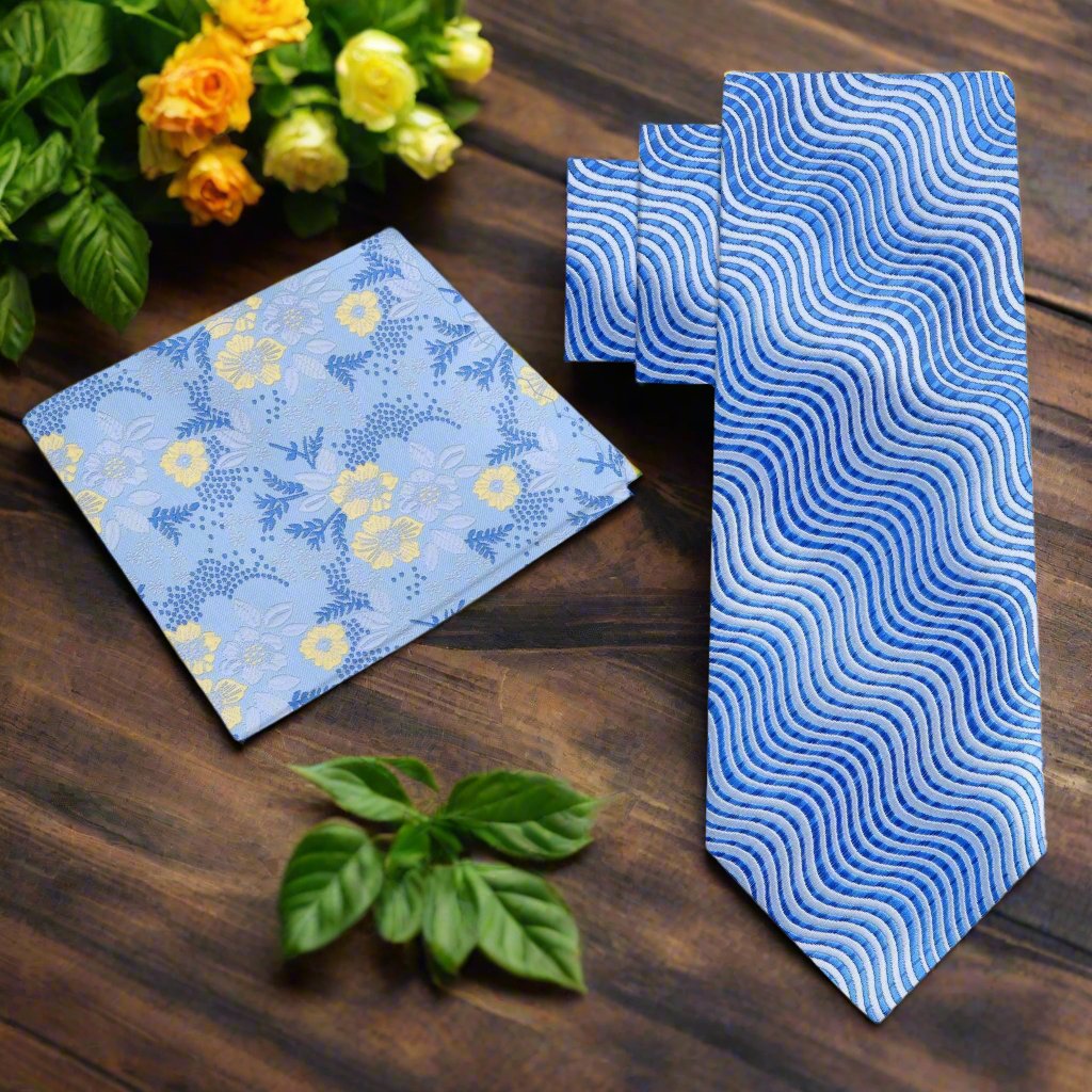 Alt View: Shades of Blue Wavy Lines Necktie with Shades of Blue and Yellow Floral Pocket Square