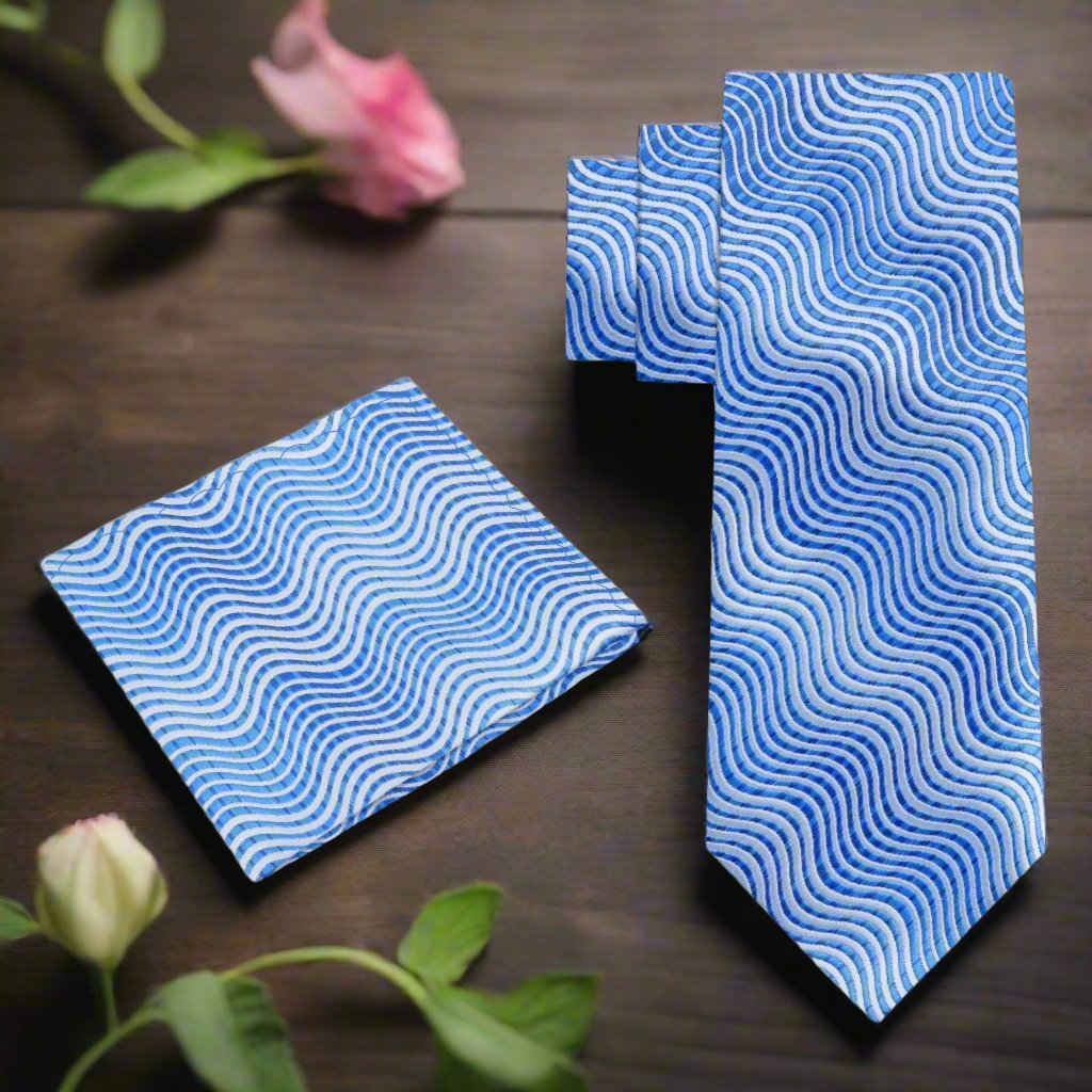 Alt view: Shades of Blue Wavy Lines Necktie with Matching Pocket Square