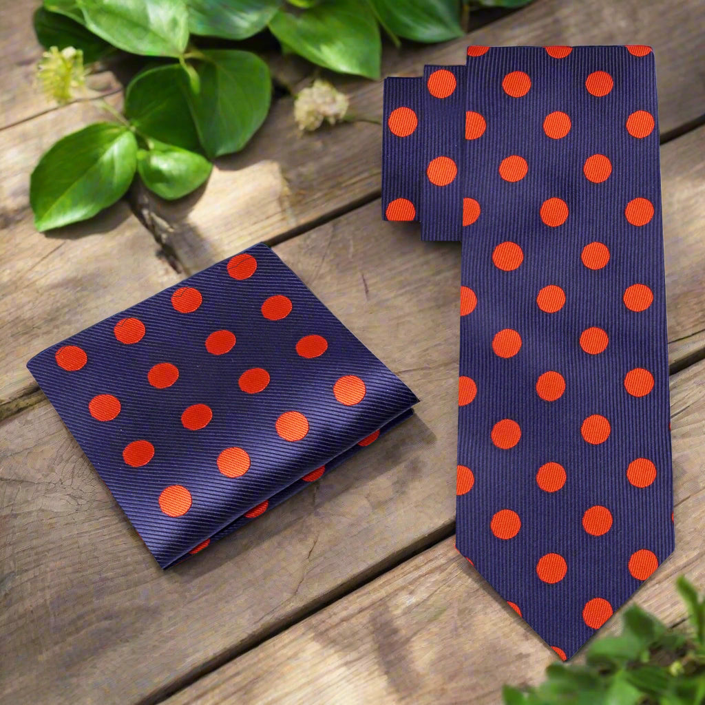 Alt View: A Blue, Orange Polka Dot Pattern Necktie, Matching Pocket Square