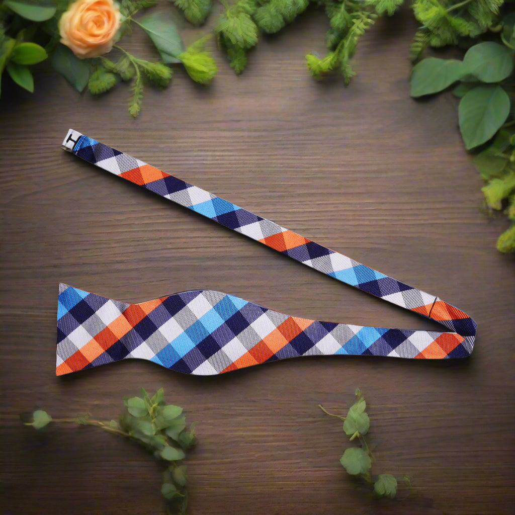 Untied: A Orange, White, Blue Geometric Check Pattern Silk Self Tie Bow Tie