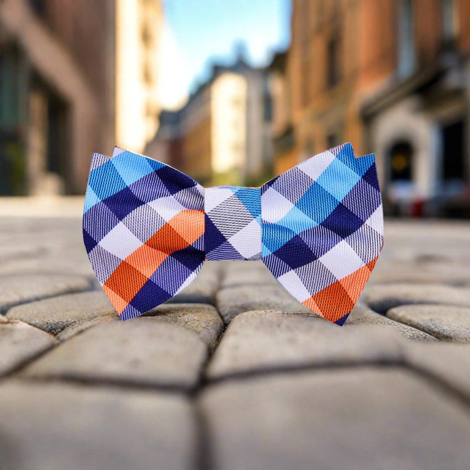 A Orange, White, Blue Geometric Check Pattern Silk Self Tie Bow Tie