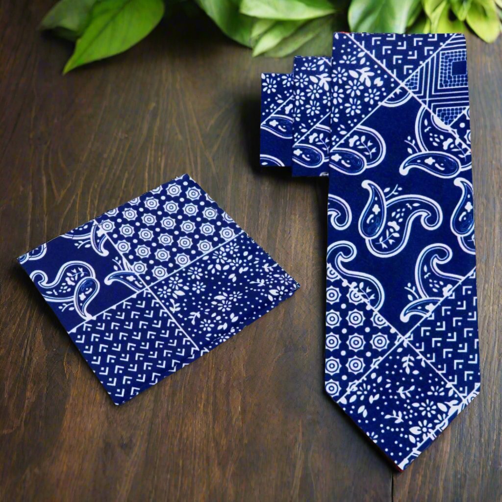 Alt View: Blue, White Patchwork Bandana Paisley Tie and Pocket Square