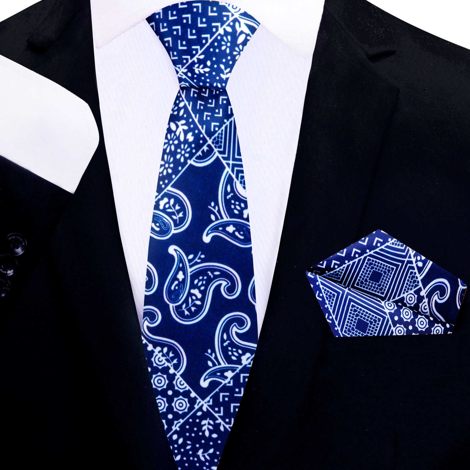 Thin Tie: Blue, White Patchwork Bandana Paisley Tie and Pocket Square