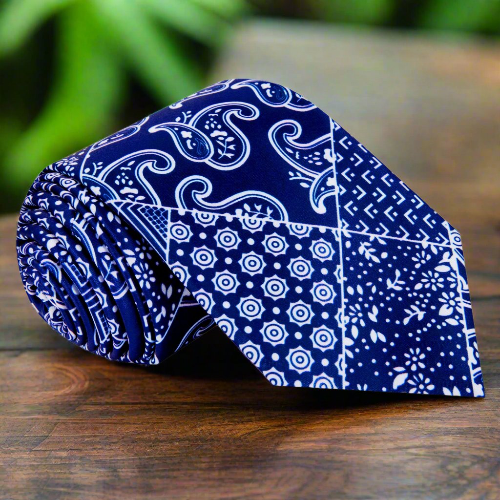 Blue, White Patchwork Bandana Paisley Tie