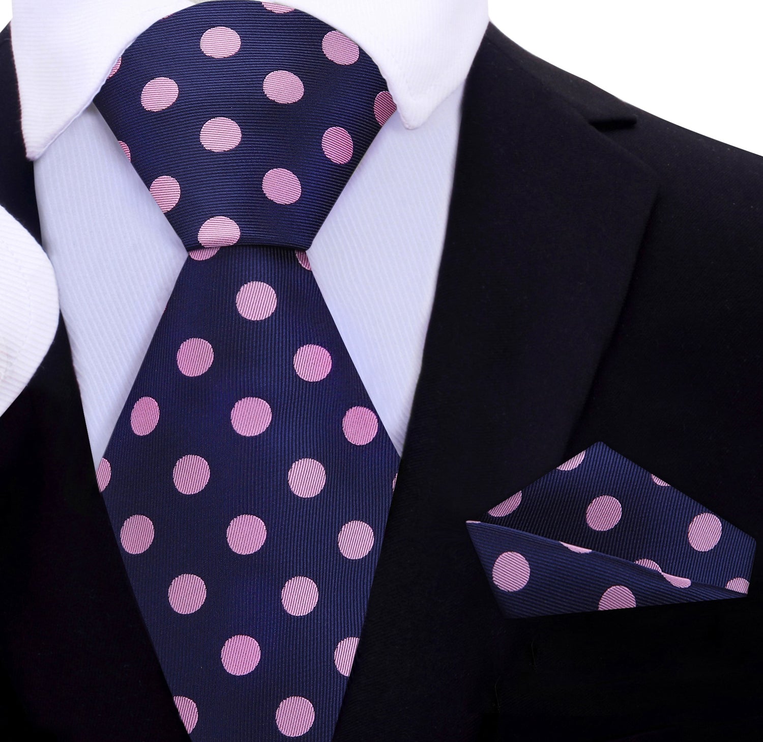 A Dark Blue, Pink Dot Pattern Necktie, Matching Pocket Square