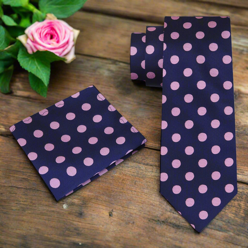 Alt view: A Dark Blue, Pink Dot Pattern  Necktie, Matching Pocket Square