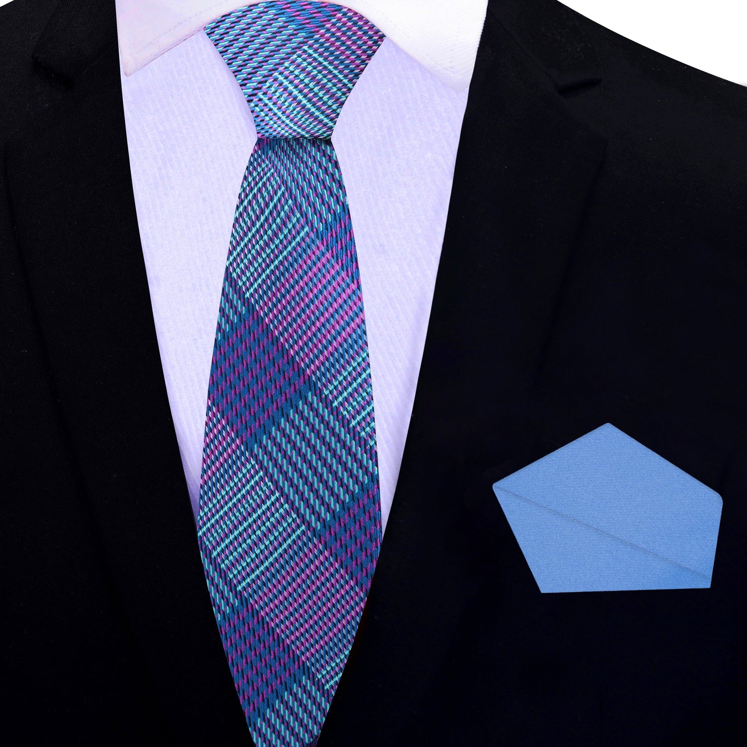 Thin Tie: Blue and Purple Plaid Tie and Blue Square