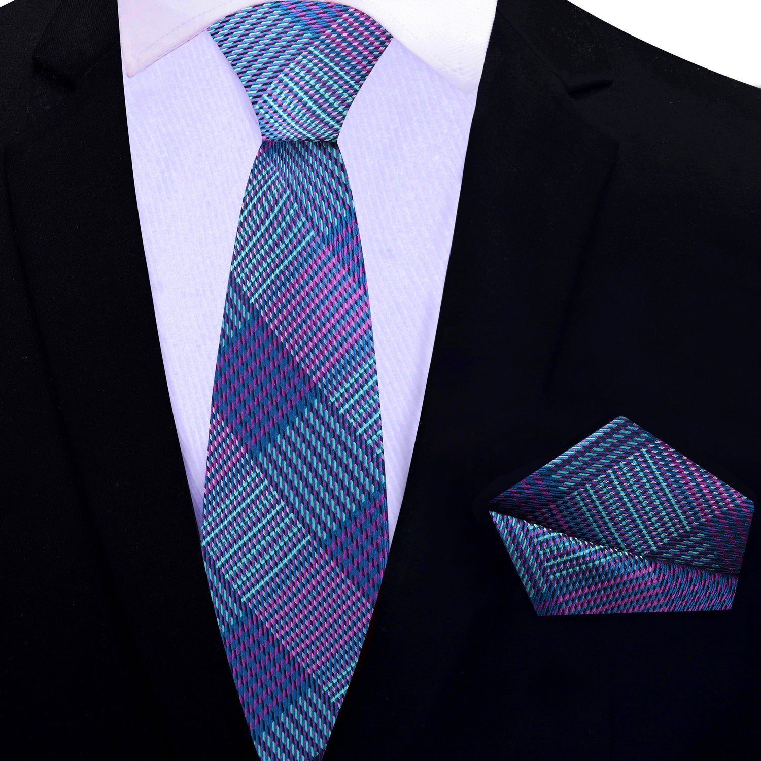 Thin Tie: Blue, Purple Plaid Necktie and Matching Square