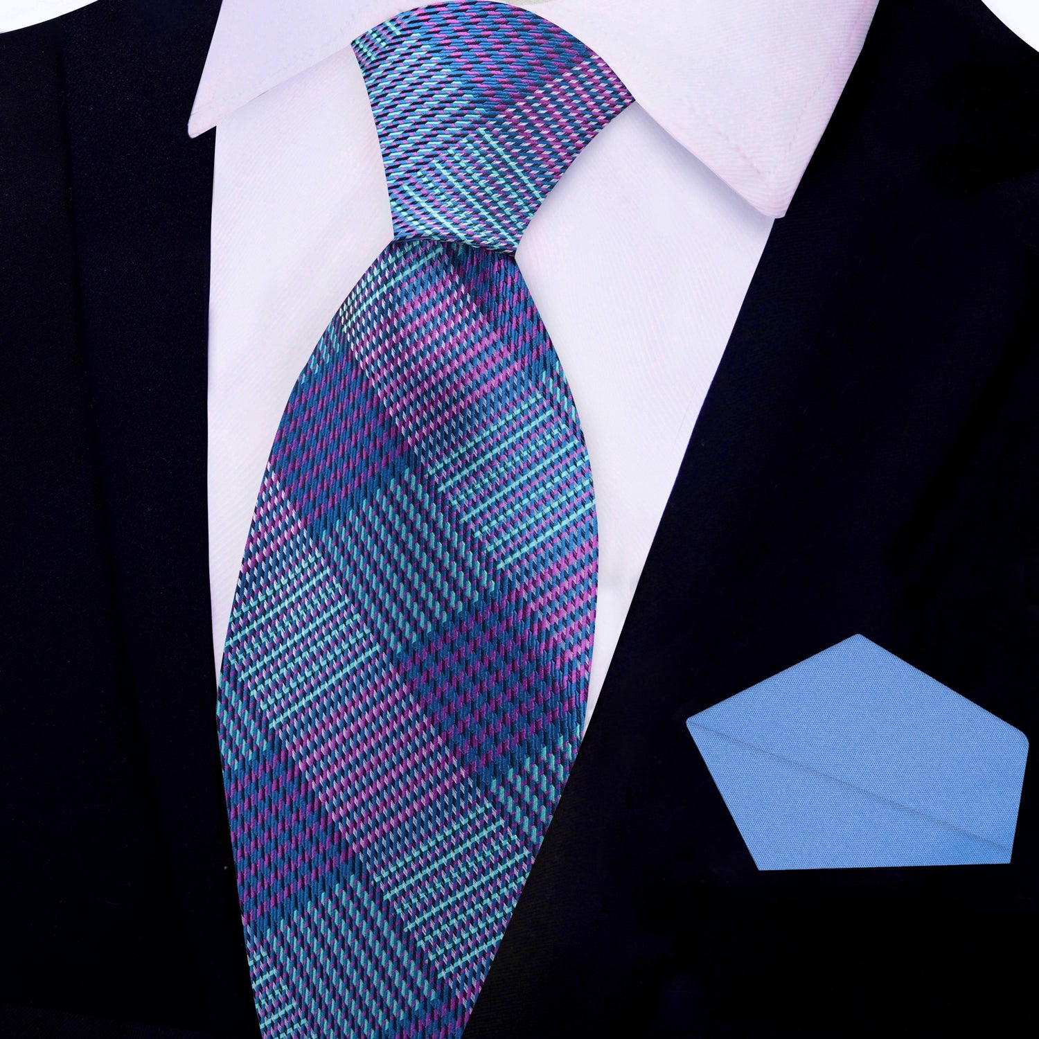 View 2 Blue and Purple Plaid Tie and Blue Square