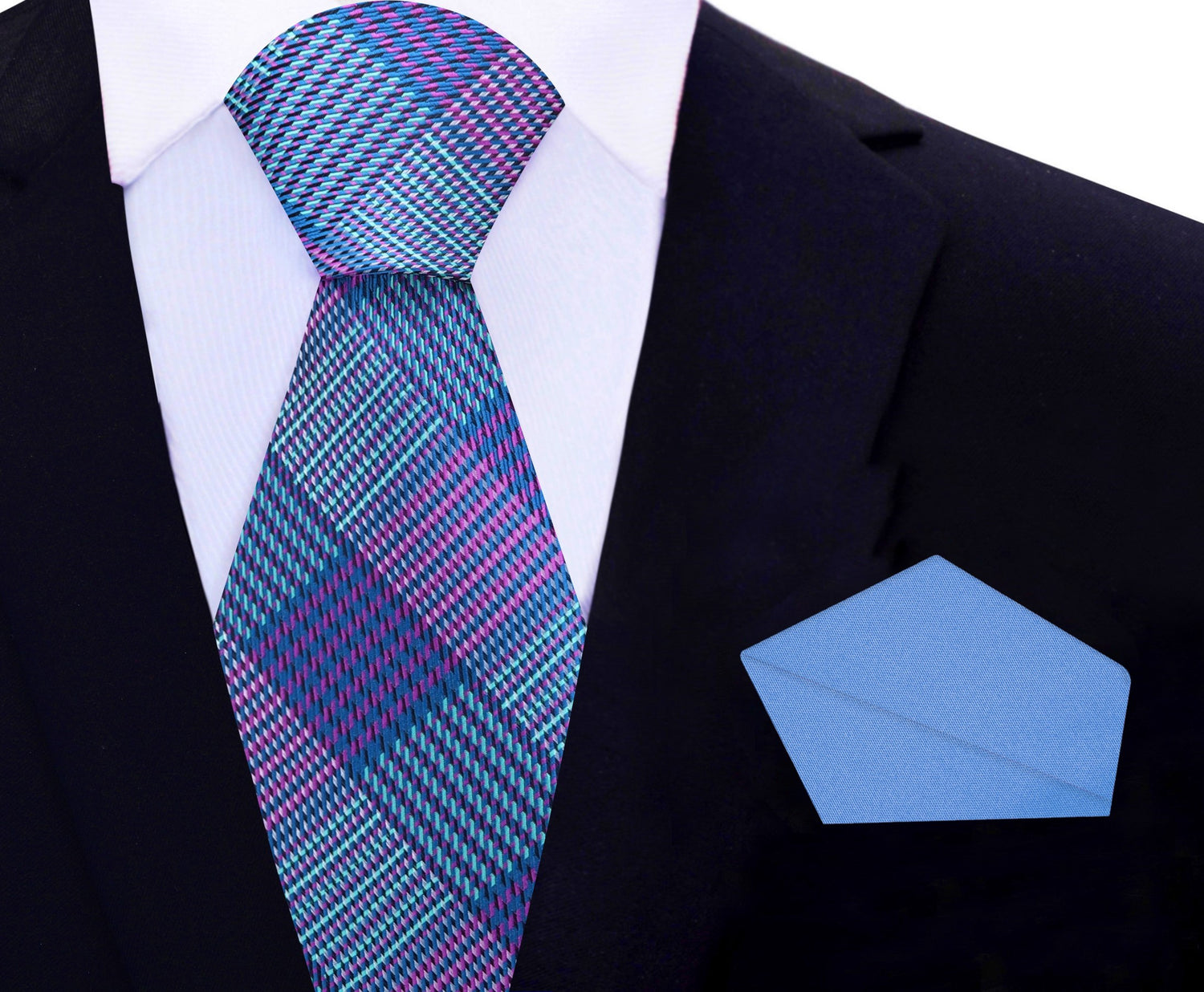 Blue and Purple Plaid Tie and Blue Square