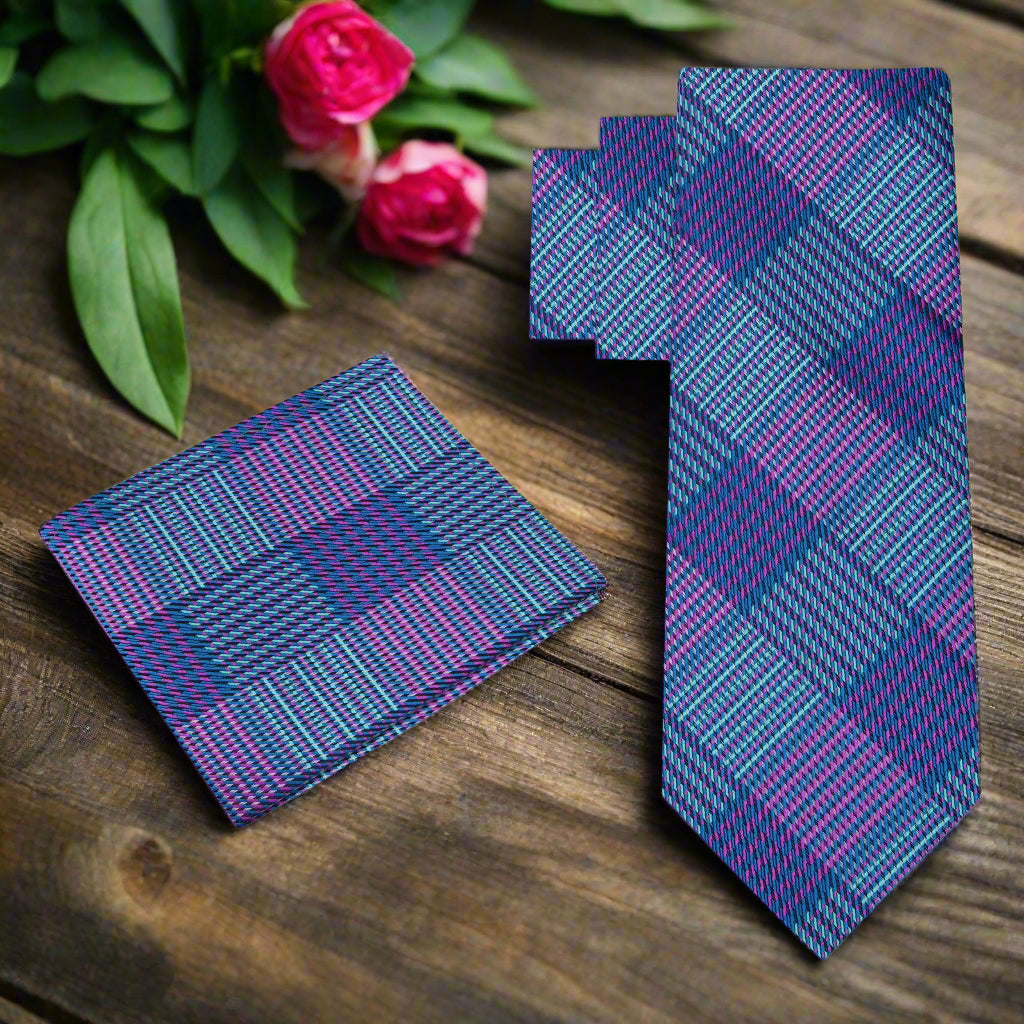 Alt View: Blue, Purple Plaid Necktie and Matching Square