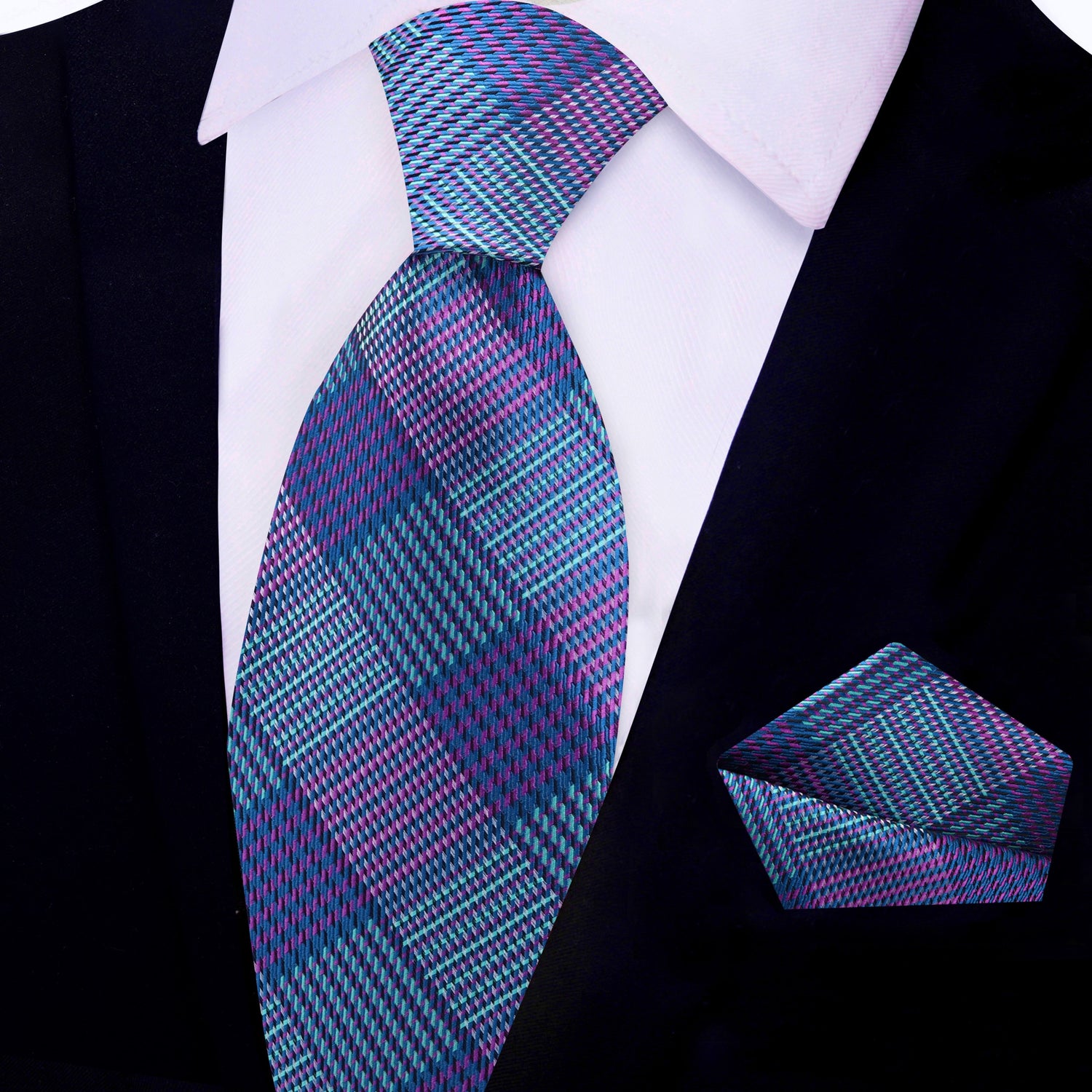 View 2 Blue, Purple Plaid Necktie and Matching Square