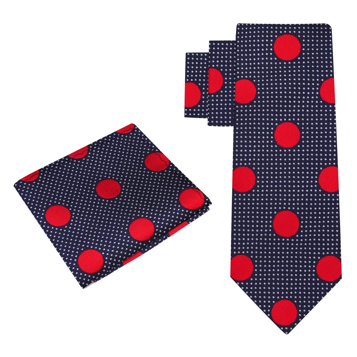 Alt View: navy, red polka tie and square