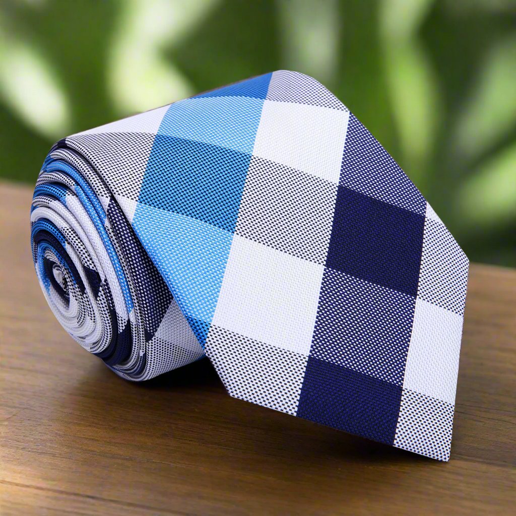 blue and white checkered tie