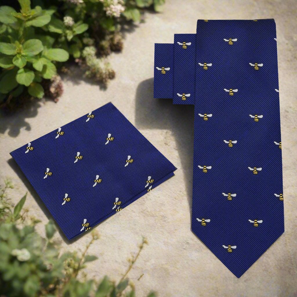 Alt View: Blue, Yellow, Black Honey Bee Tie and Pocket Square