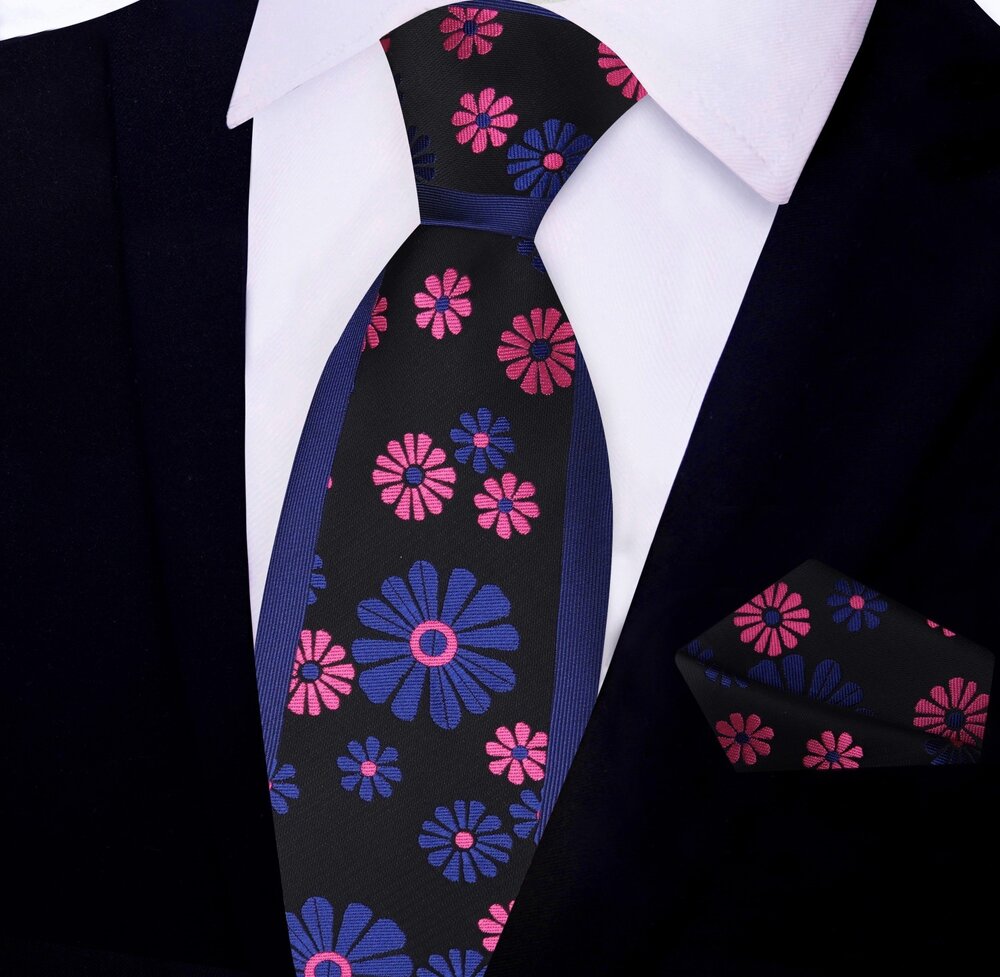 Blue, Pink Cactus Flower Tie||Blue, Pink