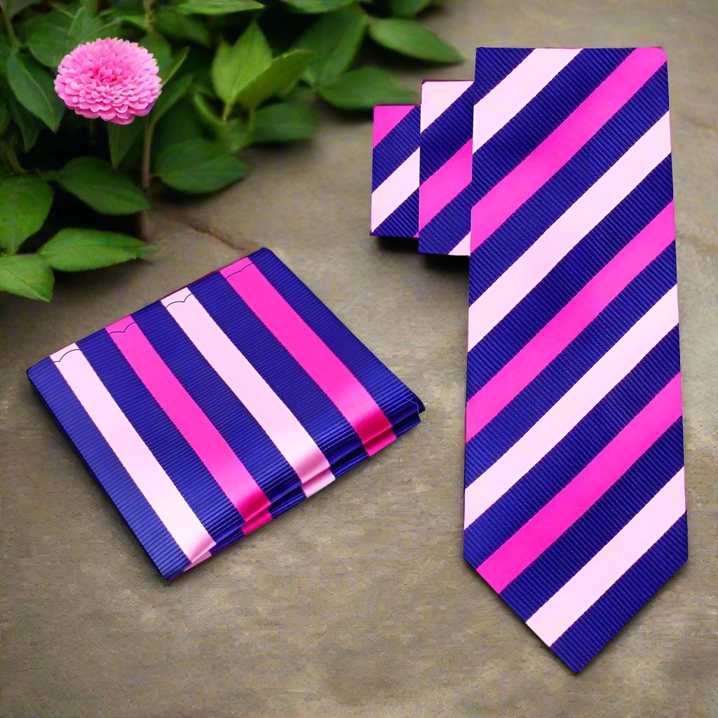 Alt View Blue and Pink Stripe Tie and Pocket Square