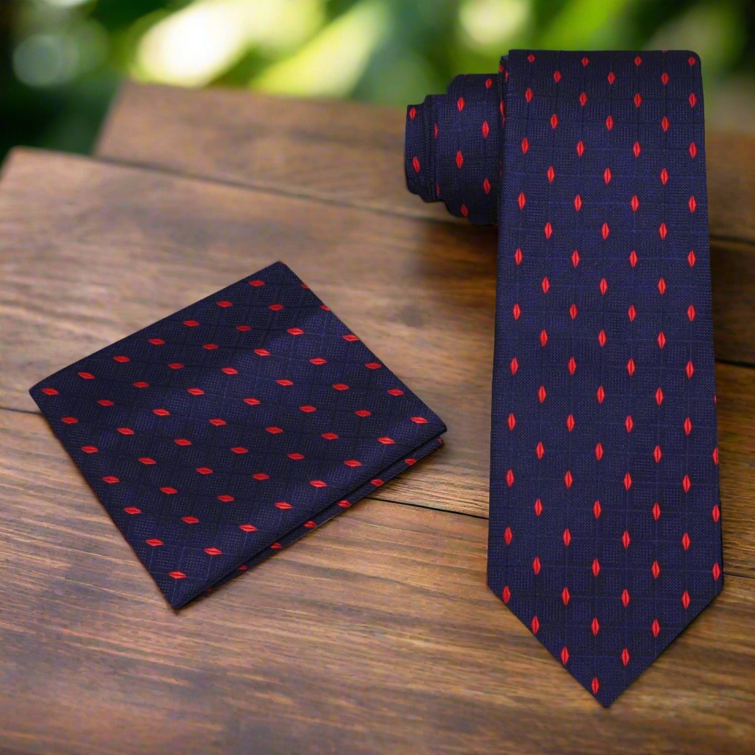 Alt View: Blue, Red Geometric Tie and Square