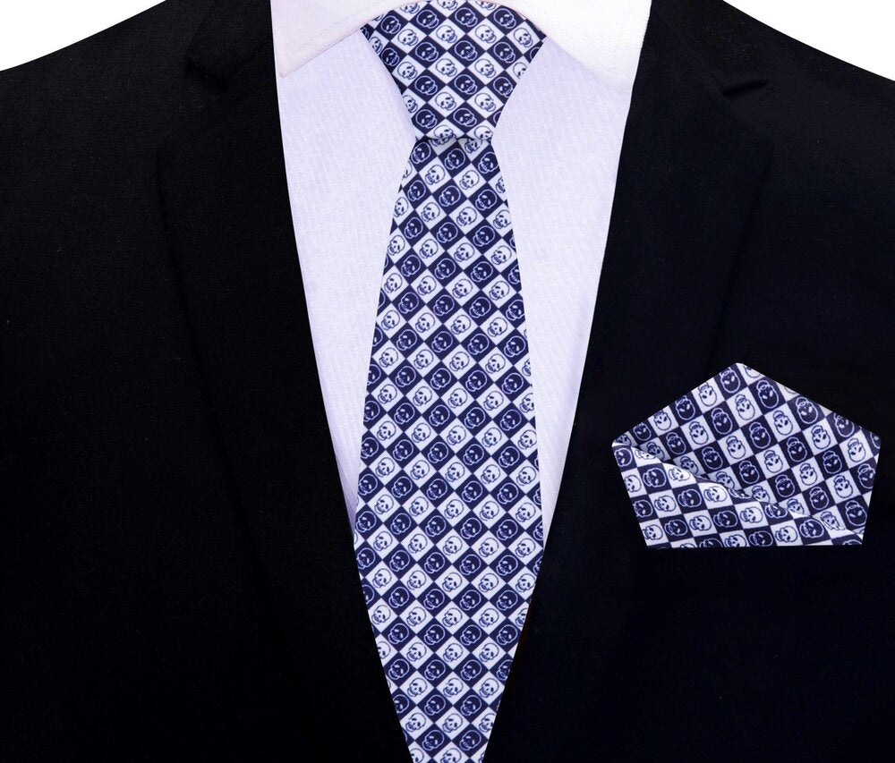 Blue White Geometric Skulls Thin Tie and Pocket Square||Blue