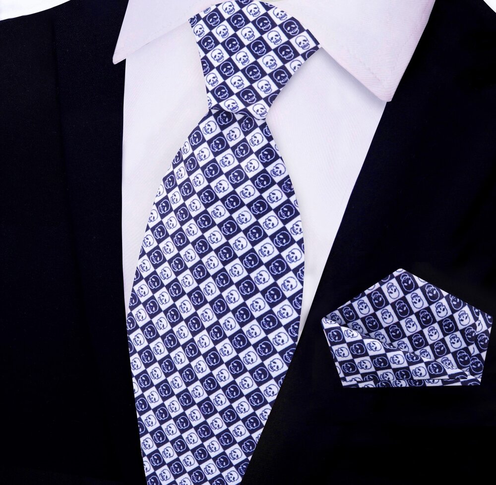 Blue White Geometric Skulls  Tie and Pocket Square||Blue