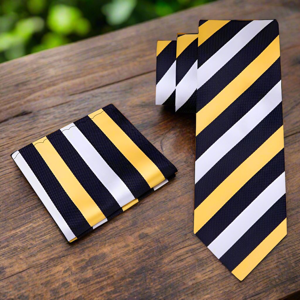 View 2: Yellow, Blue, White Stripe Tie and Pocket Square