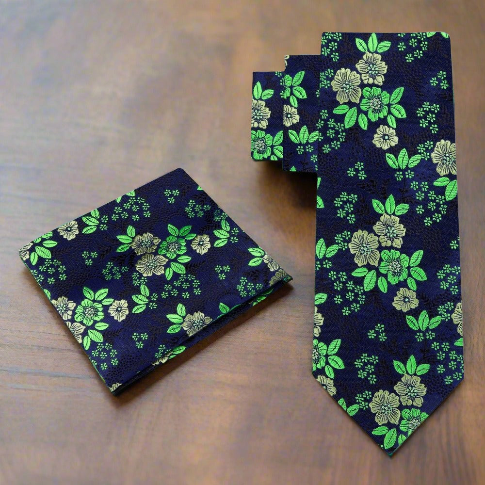 Alt View: Blue and Green Floral Tie and Pocket Square