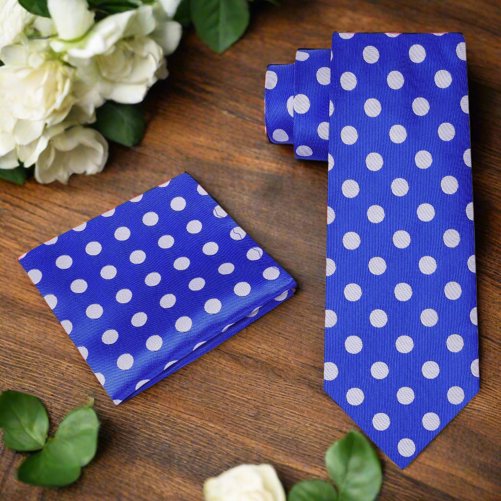 Alt View: A Blue, Grey Polka Dot Pattern Necktie, Matching Pocket Square