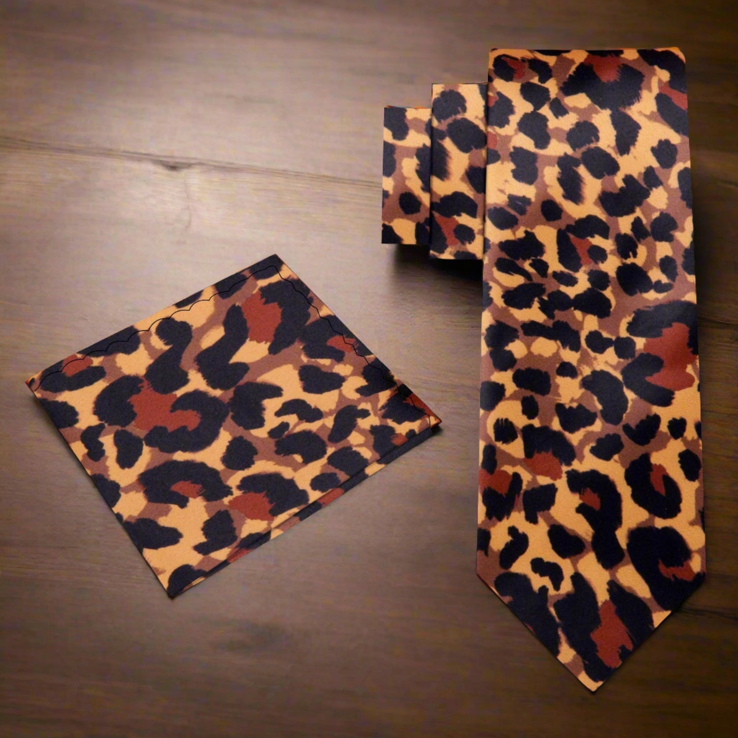 Alt View: Orange, Black Cheetah Print Tie and Square