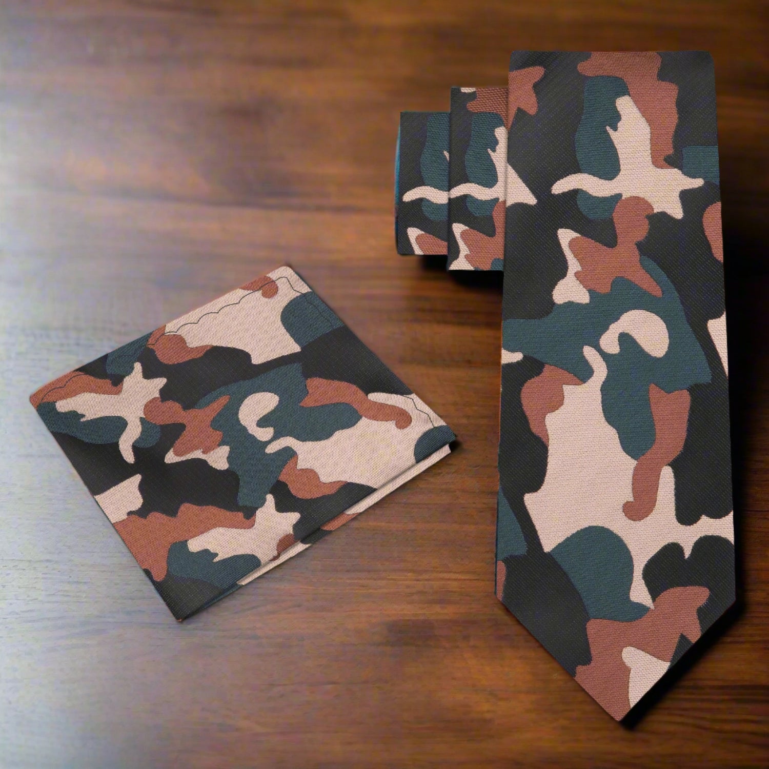Alt View: A Brown, Olive Green, Black Color Camouflage Fleck Pattern Necktie, Matching Pocket Square