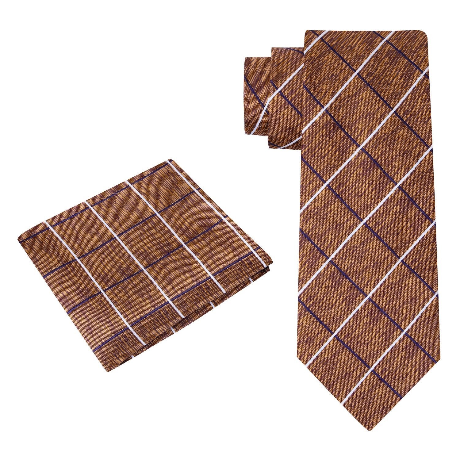 Alt View: A Rich Brown, Navy Purple And White Cream Plaid Geometric Pattern Silk Necktie With Matching Pocket Square