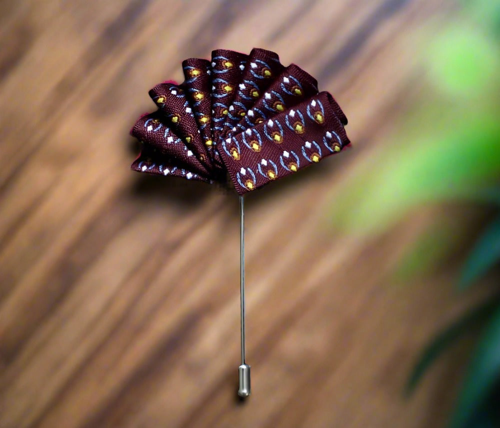 A Brown and Yellow Design Pocket Square Lapel Pin||Rich Brown with Light Blue, Yellow Design
