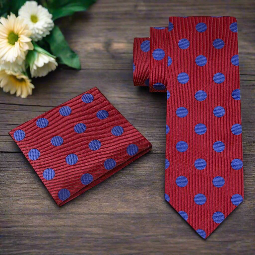 Alt View: A Burgundy, Blue Dot Pattern Necktie, Matching Pocket Square