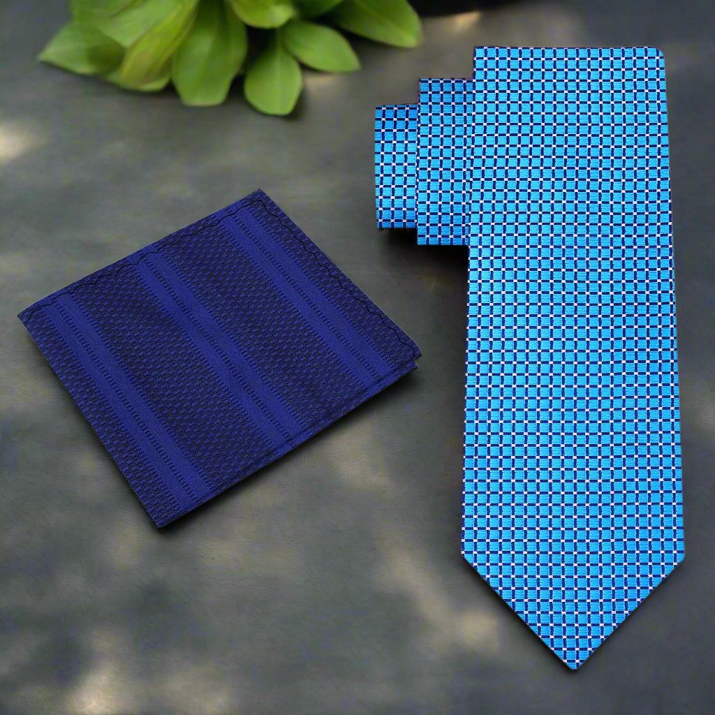 Alt View: A Light Blue Small Geometric Diamond With Small Dots Pattern Necktie With Dark Blue Pocket Square
